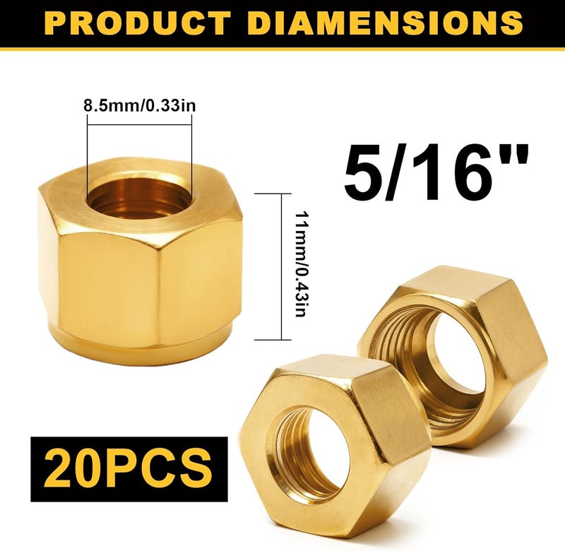 Siptenk 20PCS 5/16" Brass Compression Nuts, Brass Compression Fitting for Air Brake Lines, Water, Oil, Fuel Inert Gases Plumbing System - Image 2